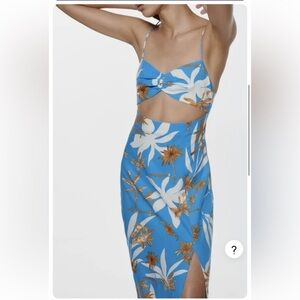 ZARA BLUE LINEN BLEND FLORAL PRINTED MIDI DRESS WITH CUT-OUT DETAIL
